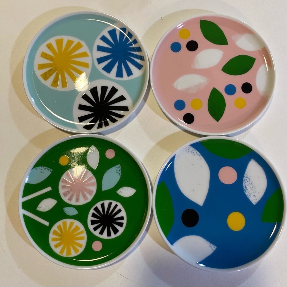 Lorena Siminovich set of 4 ceramic coasters floral pattern approx 3 1/2” NIP